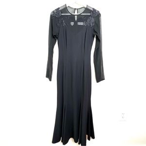 Bill Blass Black Evening Dress Long Sleeves Floral Appliques Size 6